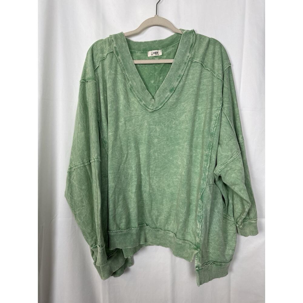 J.Her Mineral Wash Oversized V-Neck Sweatshirt Oversized Sage Green Size S